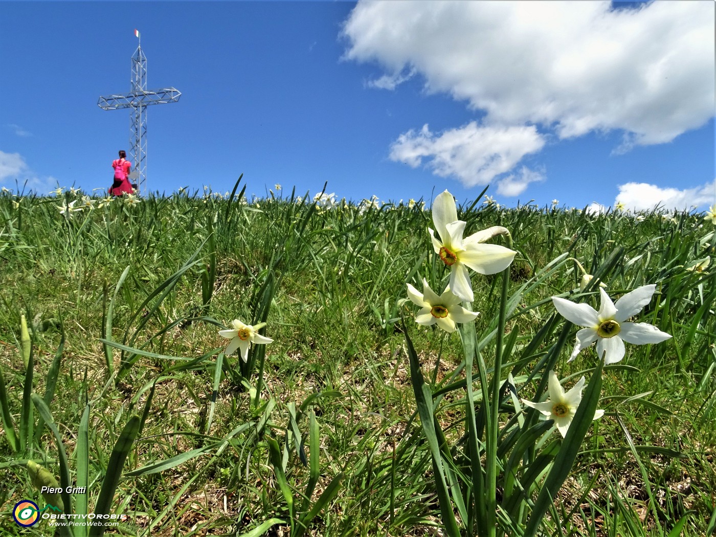 46 Alla croce di vetta del Linzone (1392 m) tra i narcisi.JPG